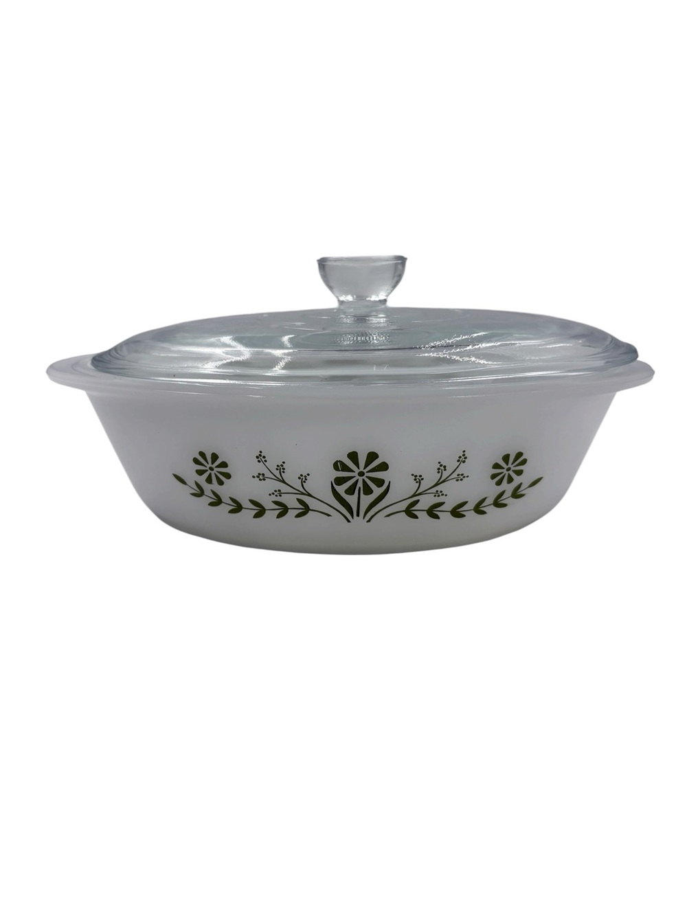 Vintage Glasbake J235 1 Qt Oval Covered Casserole Dish Green Daisy Primrose Lid
